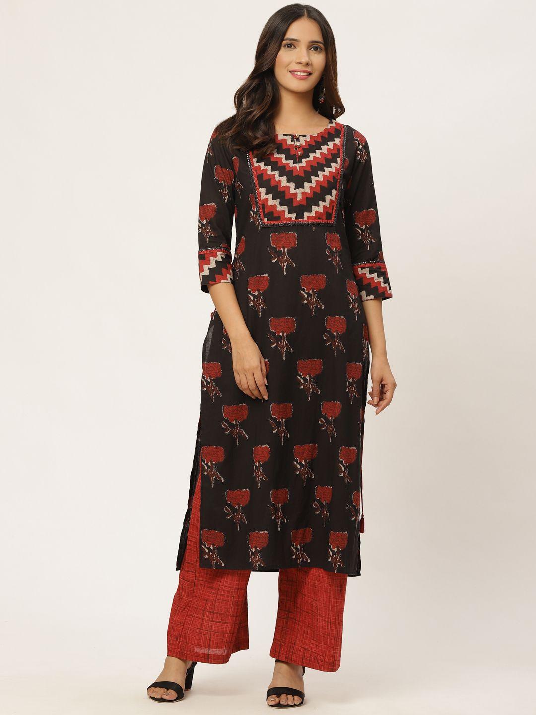 fabric fitoor women black & red ethnic motifs print kurta with palazzos