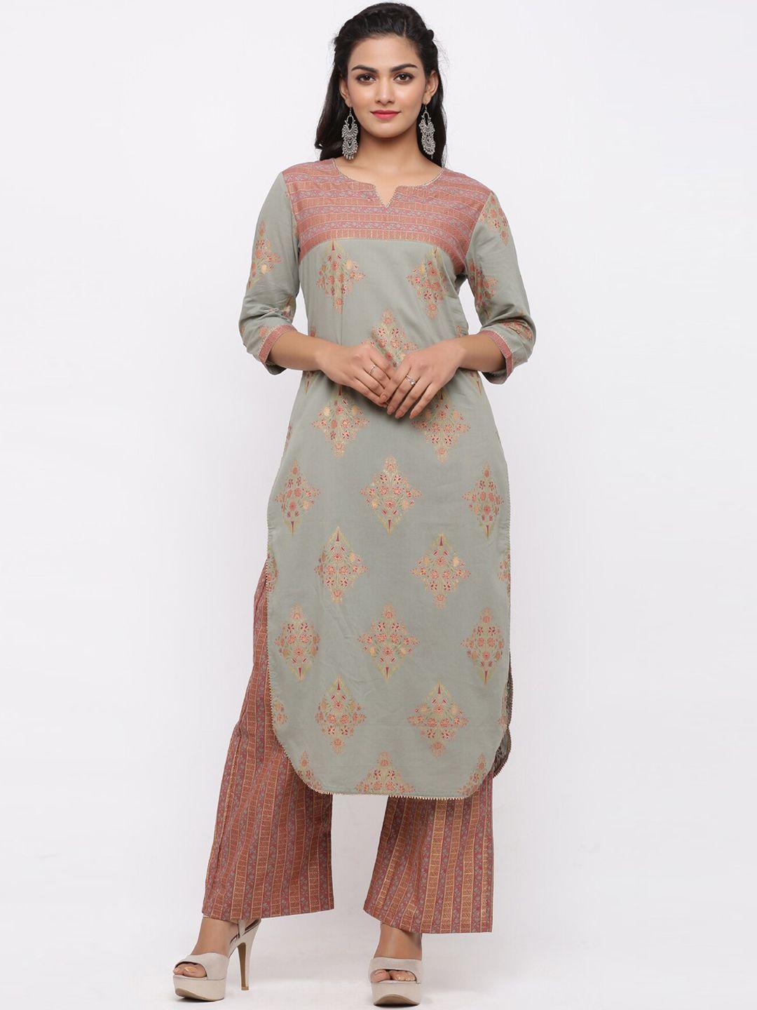 fabric fitoor women grey & gold floral print kurta with palazzos