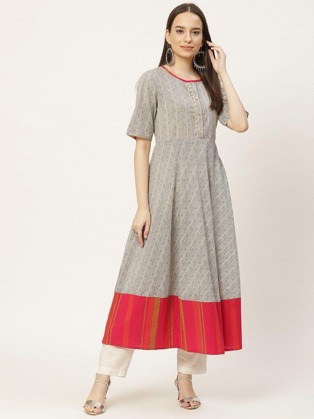 fabric fitoor women grey striped printed a-line cotton kurta
