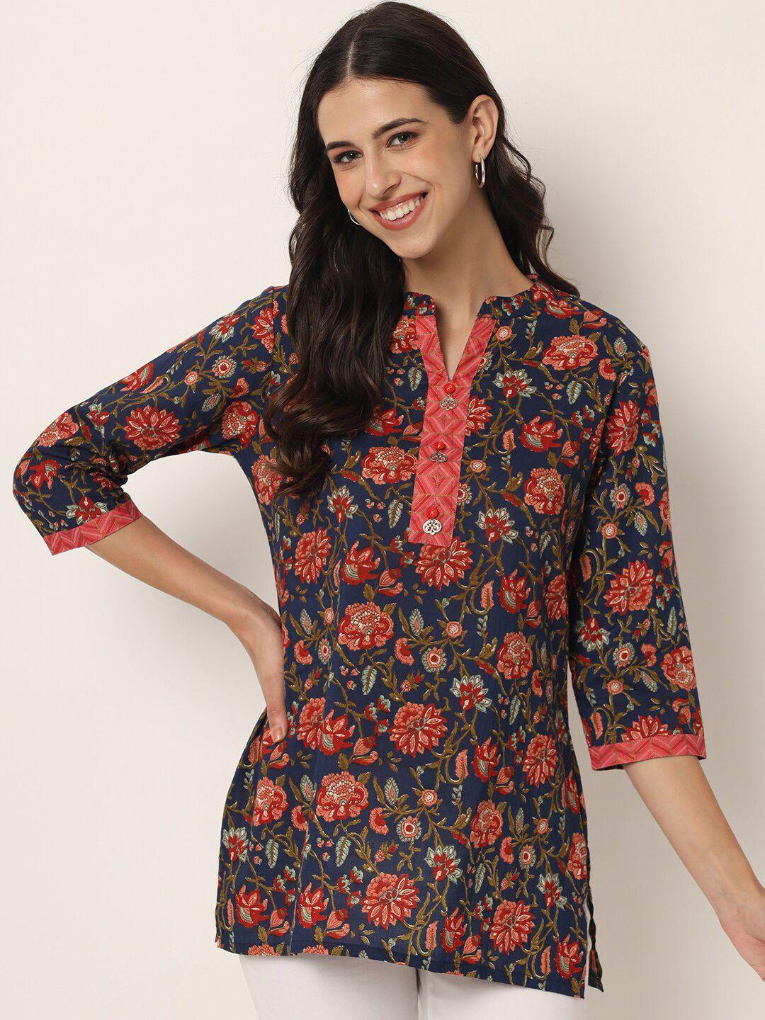 fabric fitoor women navy blue & coral floral print cotton shirt style top