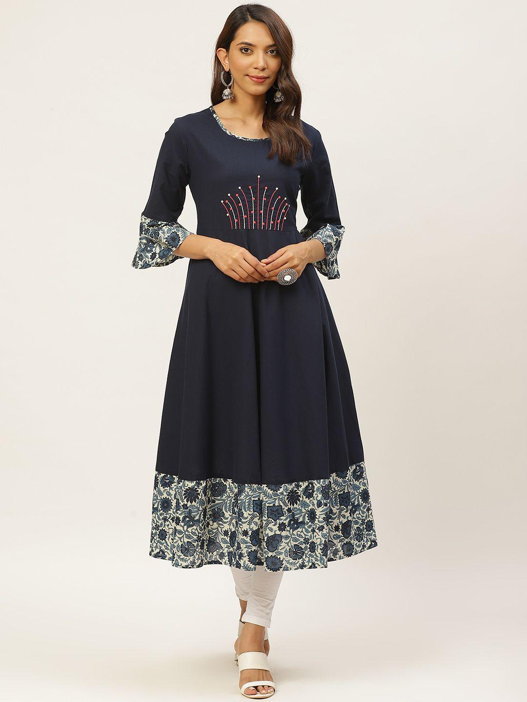 fabric fitoor women navy blue & off-white floral detail a-line kurta