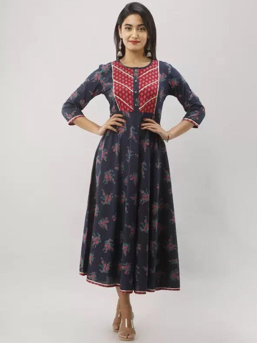 fabric fitoor women navy blue and red floral print empire design cotton anarkali kurta
