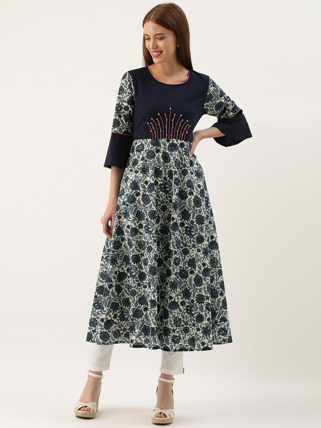 fabric fitoor women navy blue printed anarkali kurta