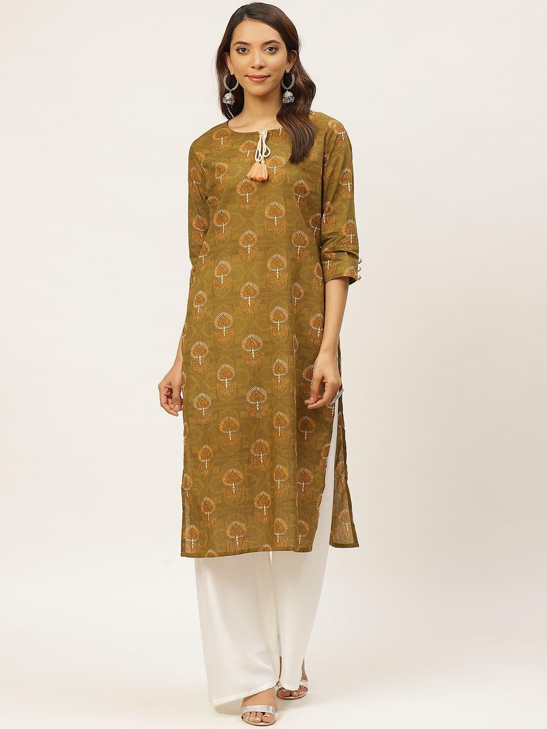 fabric fitoor women olive green & brown printed straight kurta