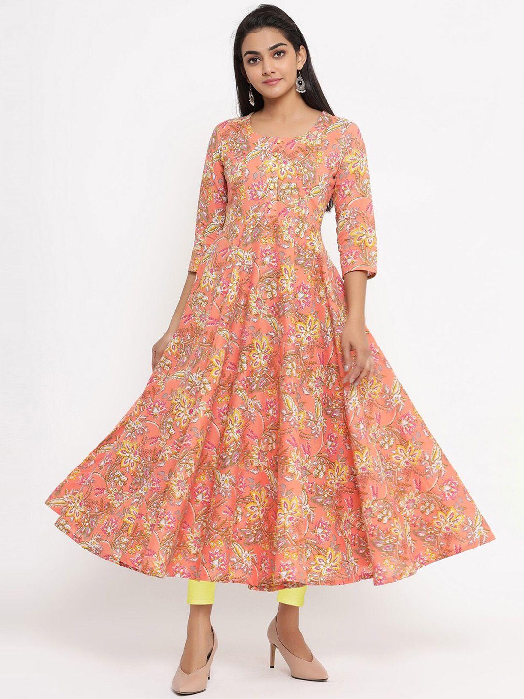 fabric fitoor women orange floral printed flared sleeves anarkali kurta