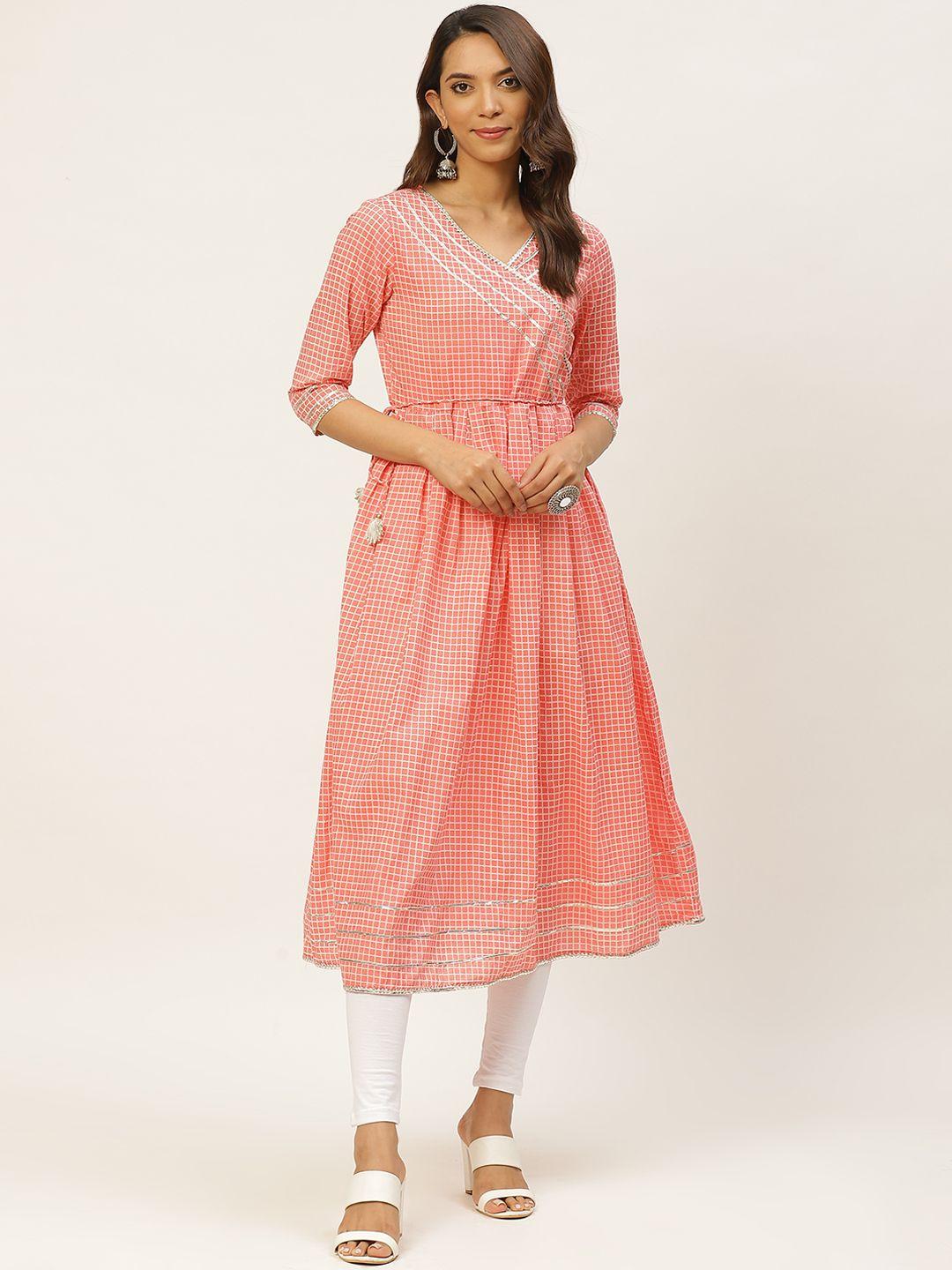 fabric fitoor women pink & off-white checked angrakha kurta with belt