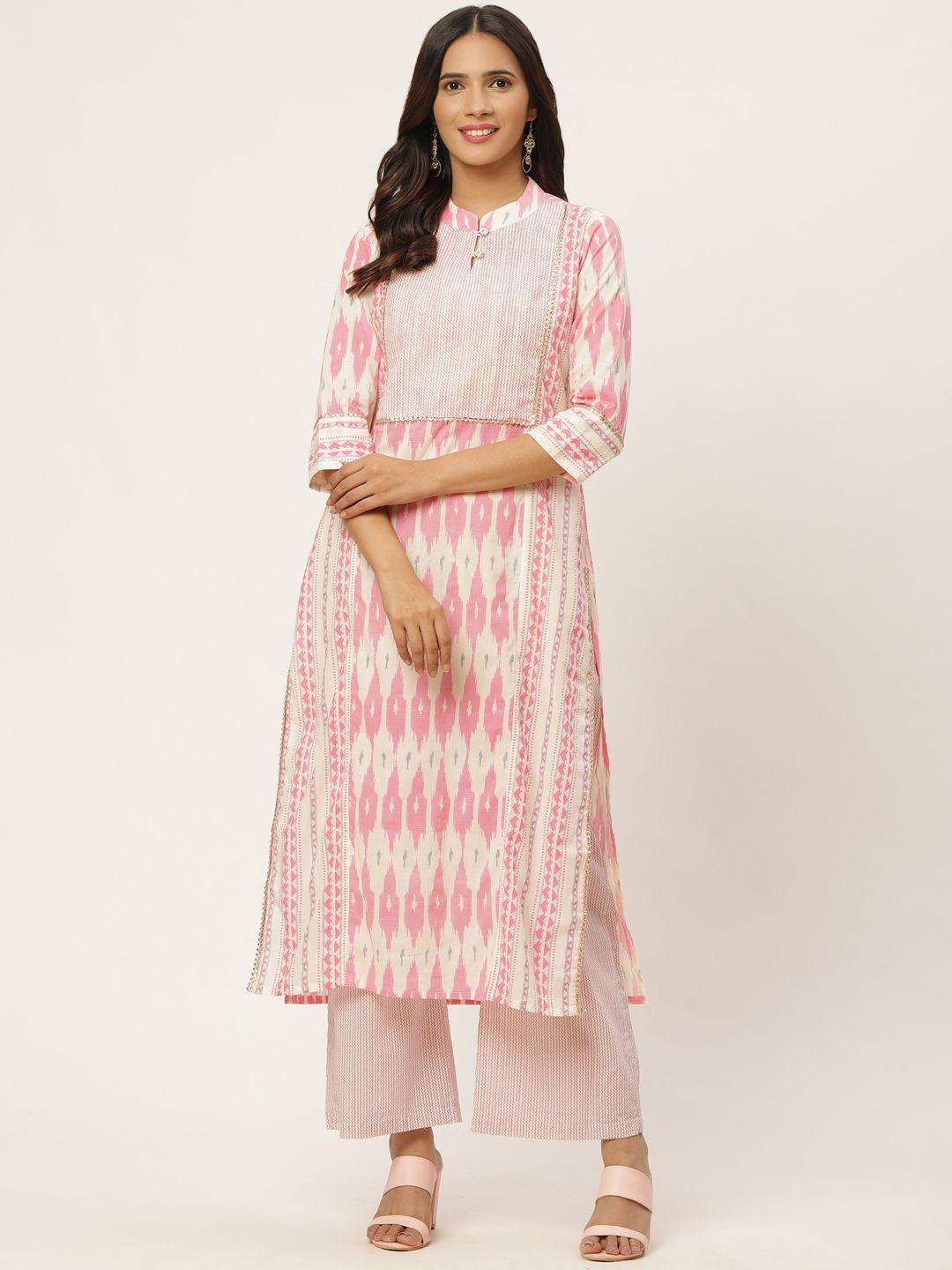 fabric fitoor women pink & off-white ikat print kurta with palazzos