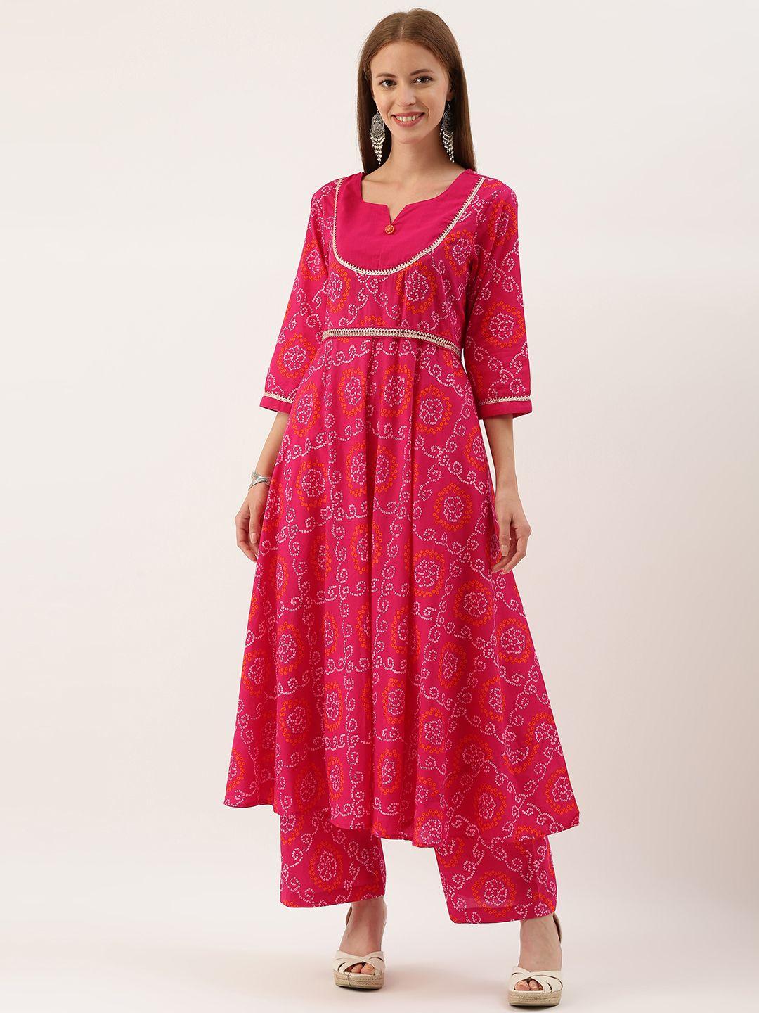 fabric fitoor women pink & white bandhani printed a-line kurta