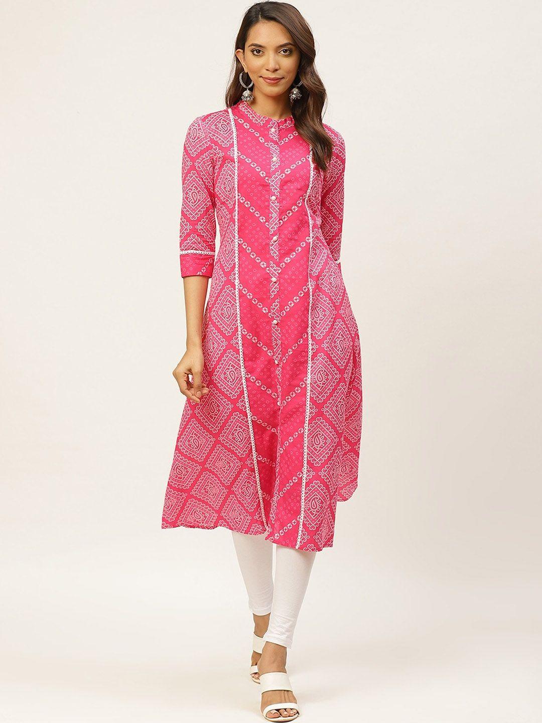 fabric fitoor women pink & white bandhani printed cotton pastels kurta