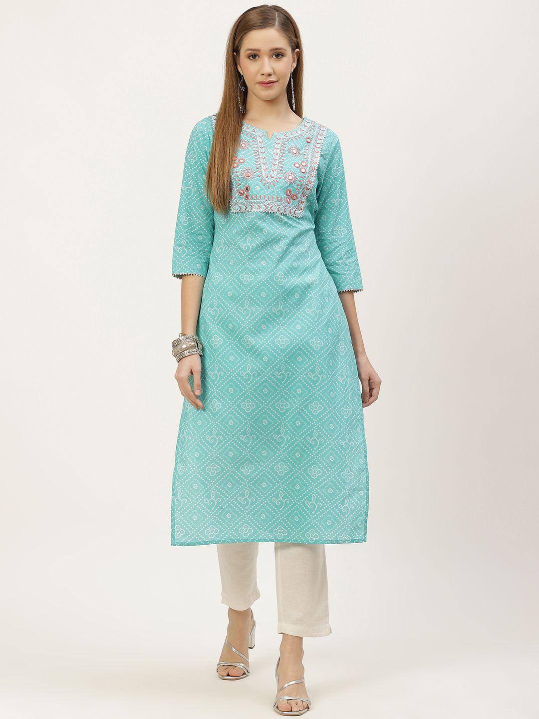 fabric fitoor women sea green & white cotton bandhej print zari cotton straight kurta