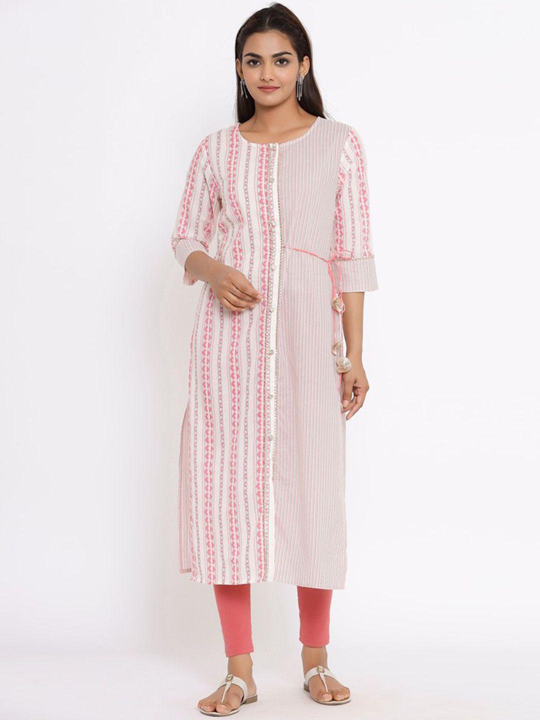 fabric fitoor women white & pink ethnic motifs printed kurta