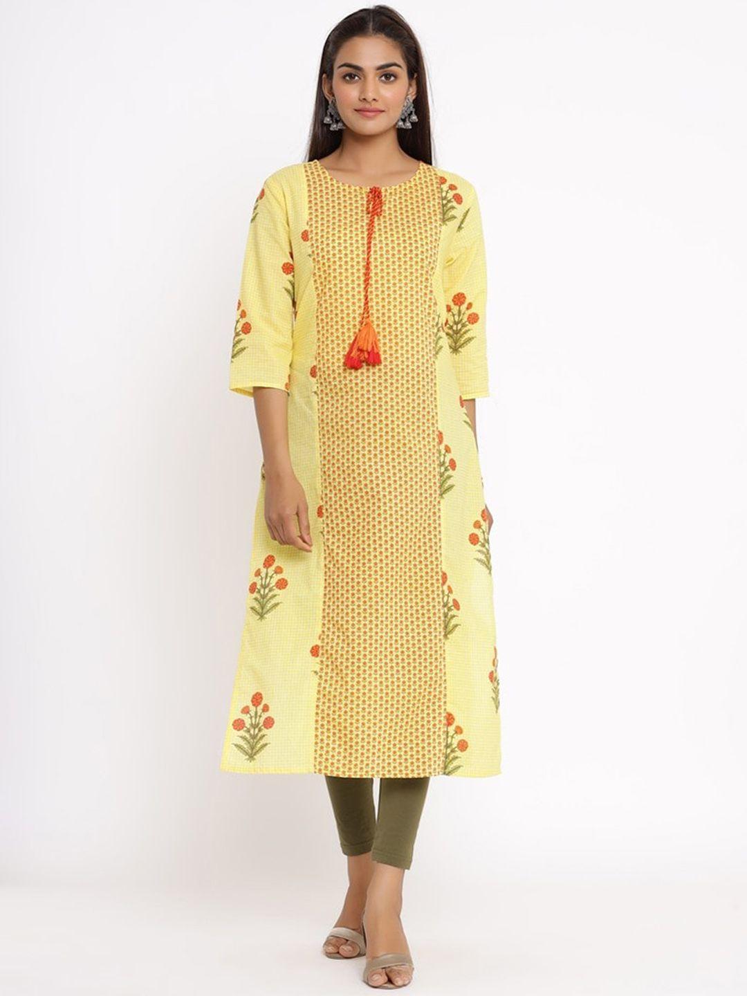 fabric fitoor women yellow floral printed keyhole neck thread work kurta