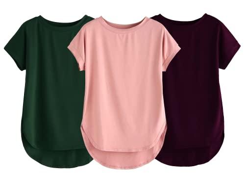 fabricorn combo of three plain bottle green, dusty rose and wine round neck up and down cotton tshirt for women (bottle green, dusty rose, wine, large)