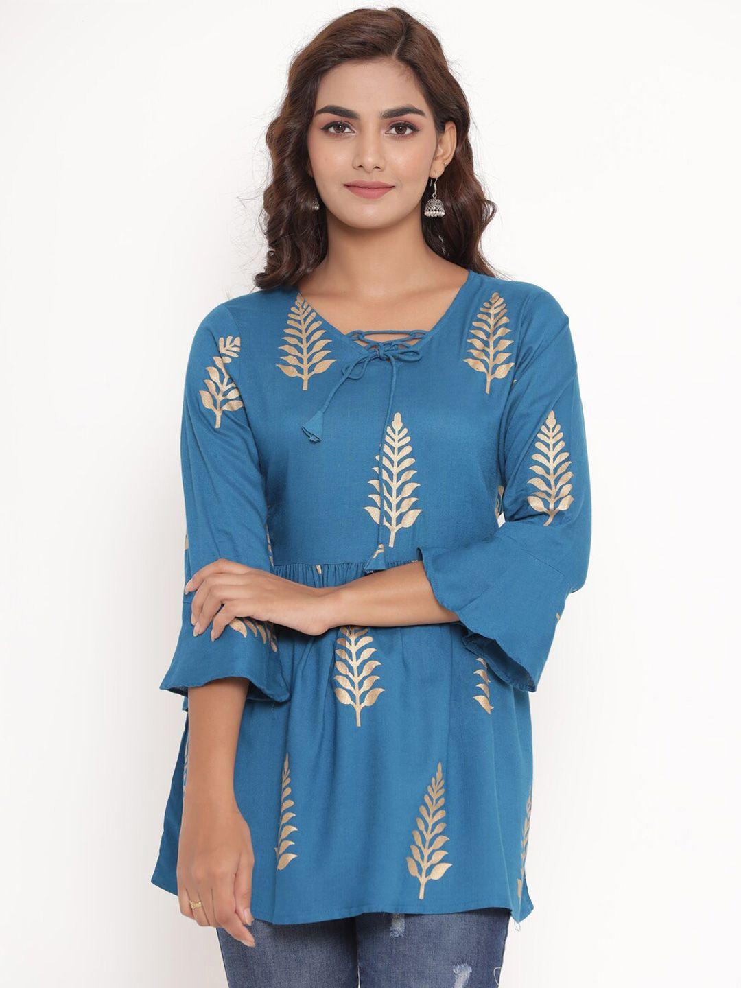fabriko blue & gold-toned geometric printed flared sleeves kurti