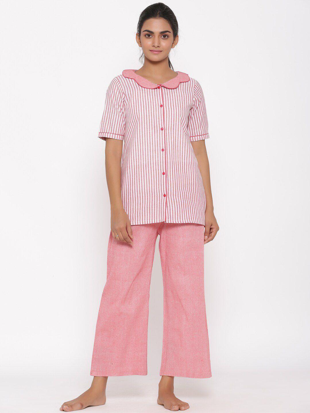fabriko women pink & white striped night suit