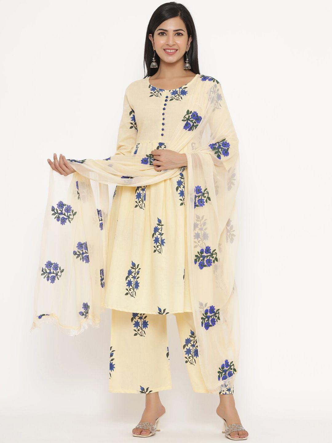 fabriko women beige floral printed pure cotton kurti with trousers & with dupatta
