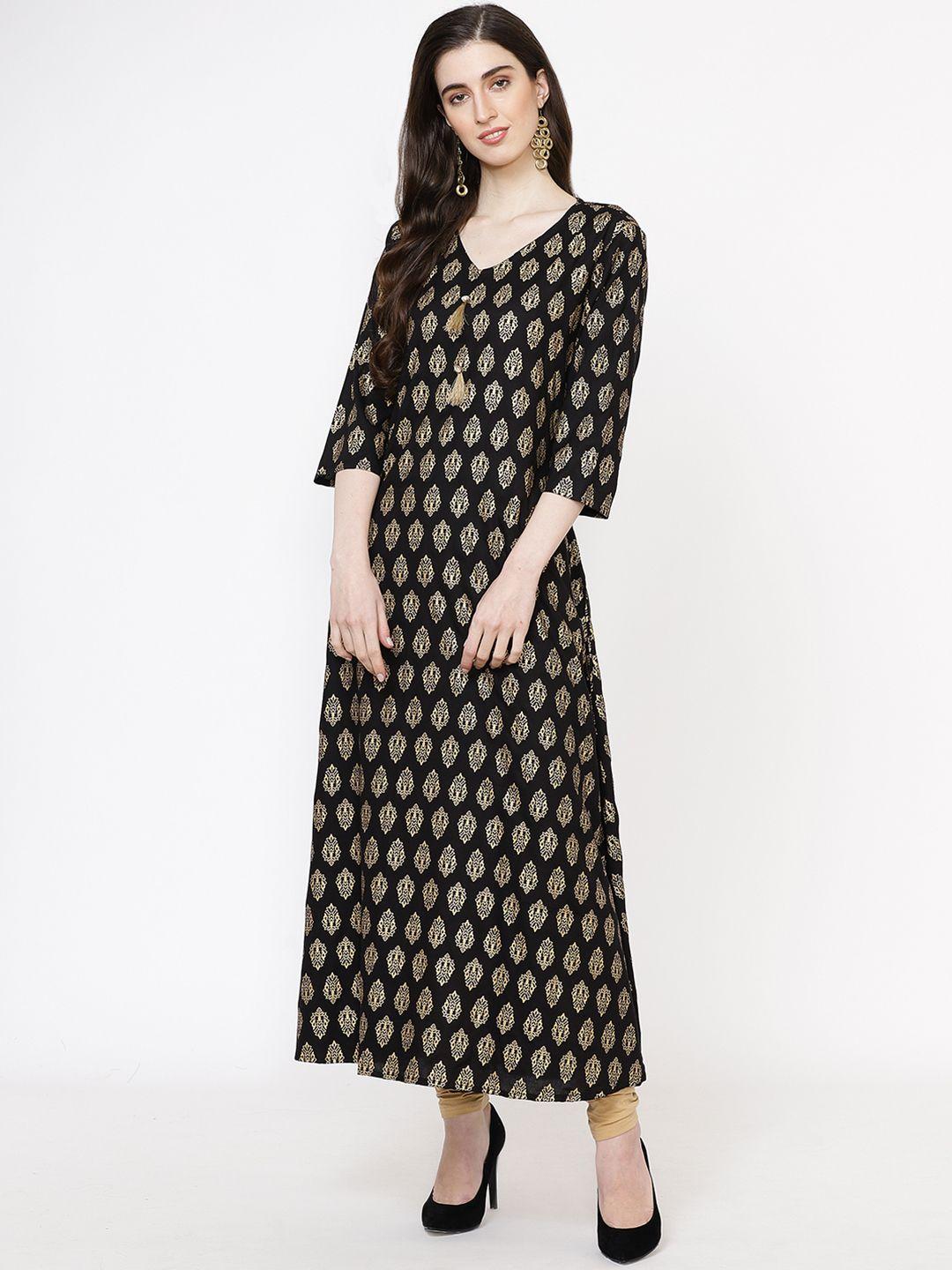 fabriko women black & golden printed a-line kurta