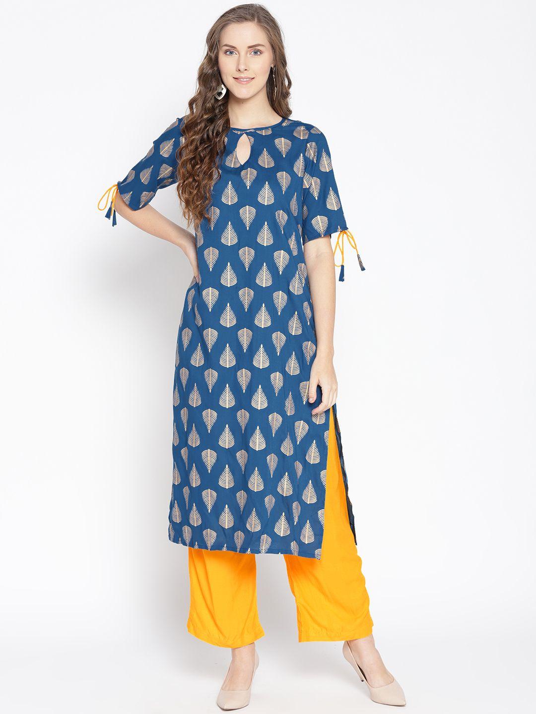 fabriko women blue & yellow printed kurta with palazzos