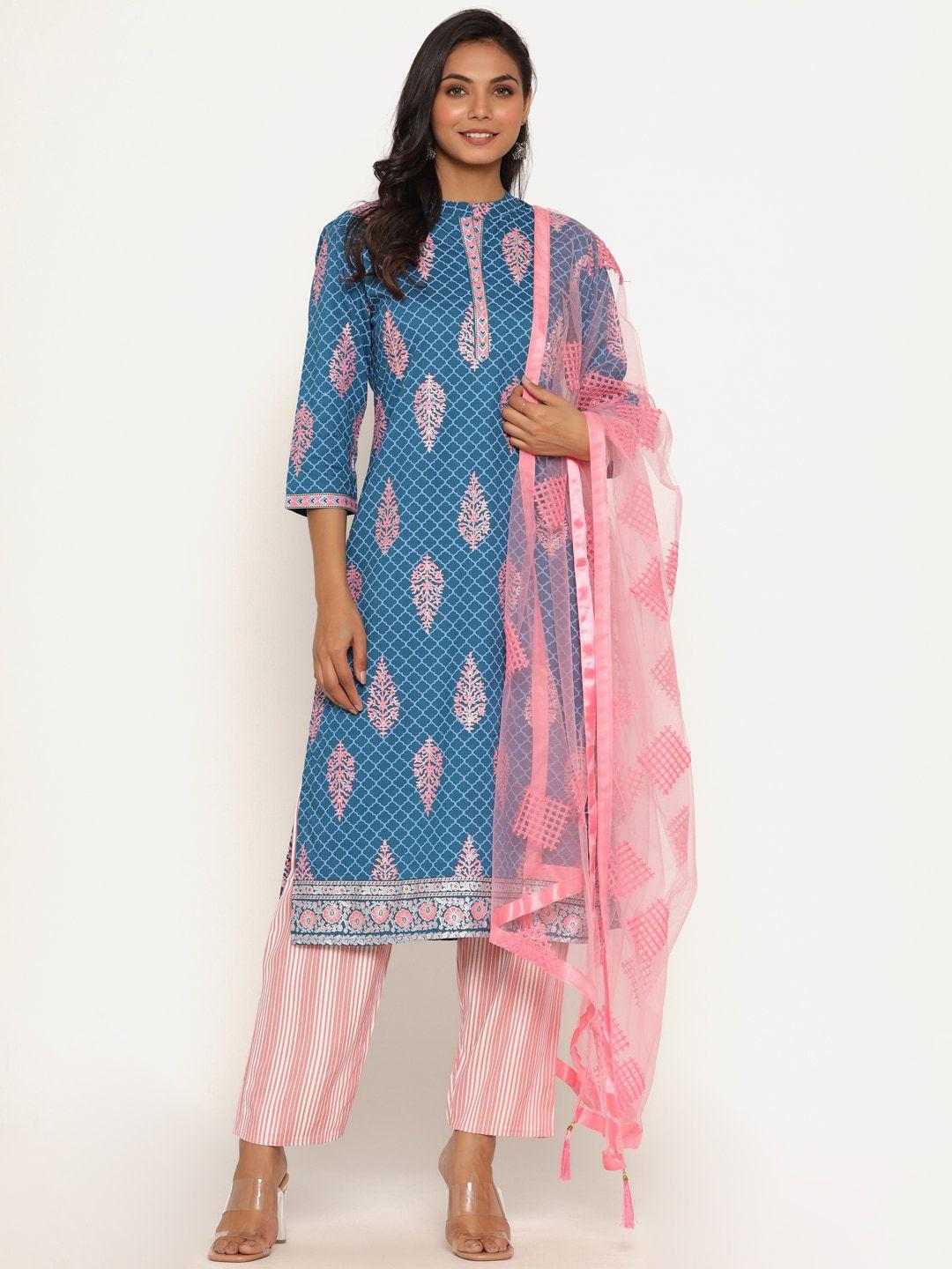 fabriko women blue ethnic motifs printed kurta with trousers & dupatta