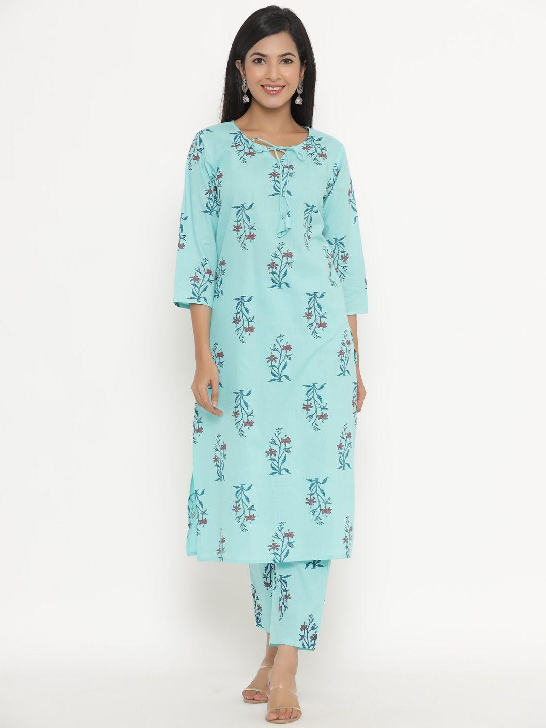 fabriko women blue floral printed regular pure cotton kurta with trousers