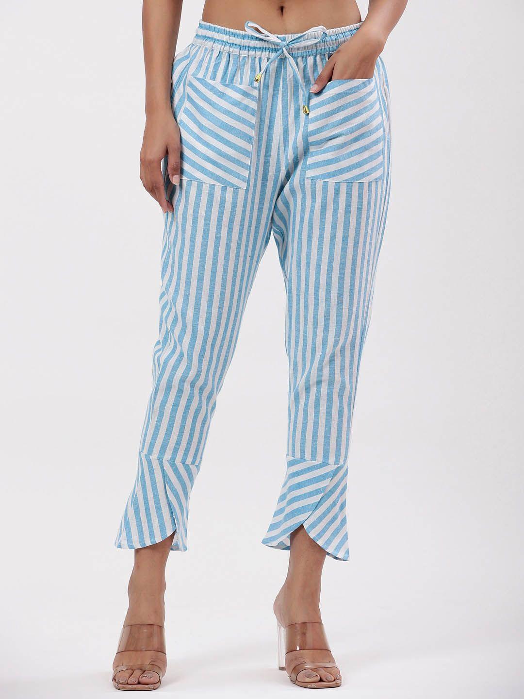 fabriko women blue striped relaxed straight leg slim fit high-rise trousers