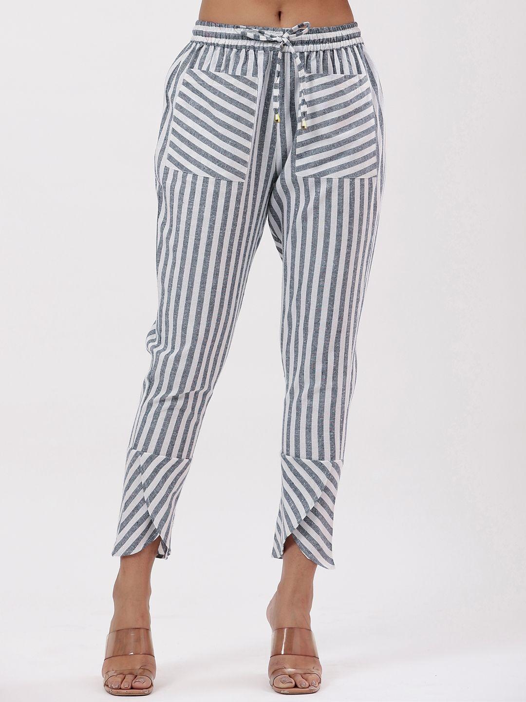 fabriko women cotton striped relaxed straight leg slim fit high-rise trousers