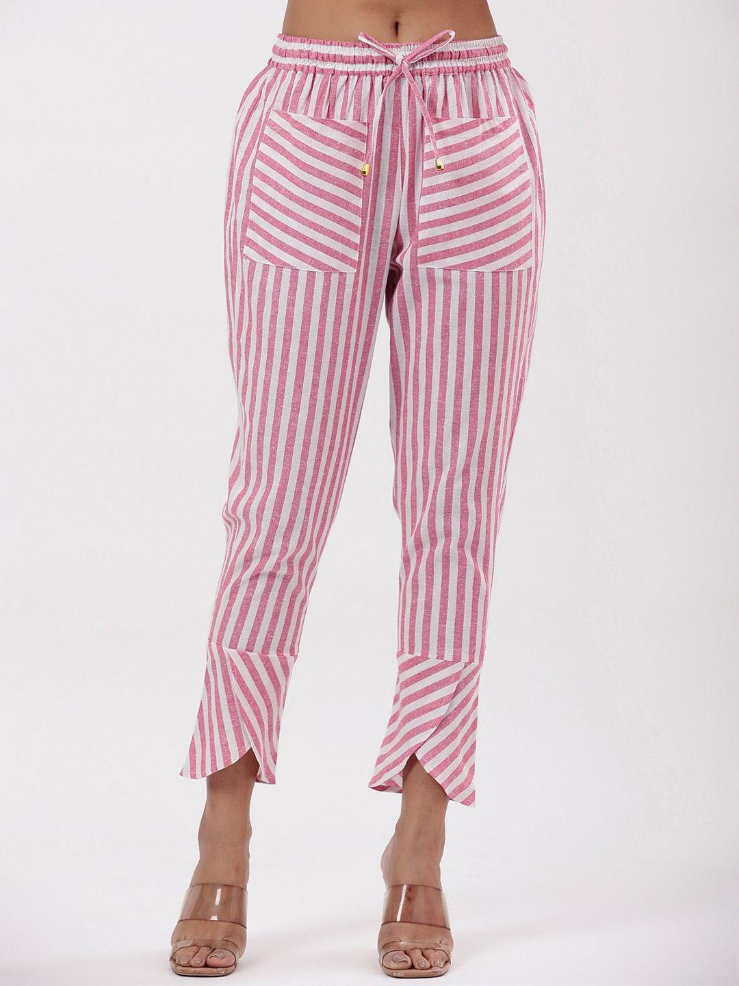 fabriko women cotton striped relaxed straight leg slim fit high-rise trousers