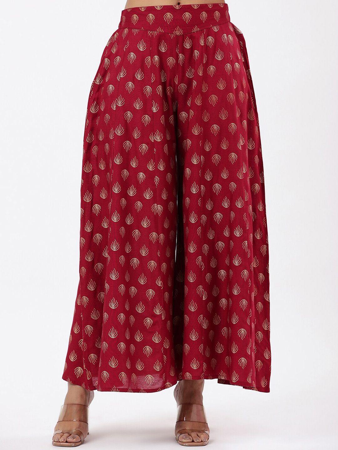 fabriko women ethnic motifs printed relaxed flared high-rise trousers