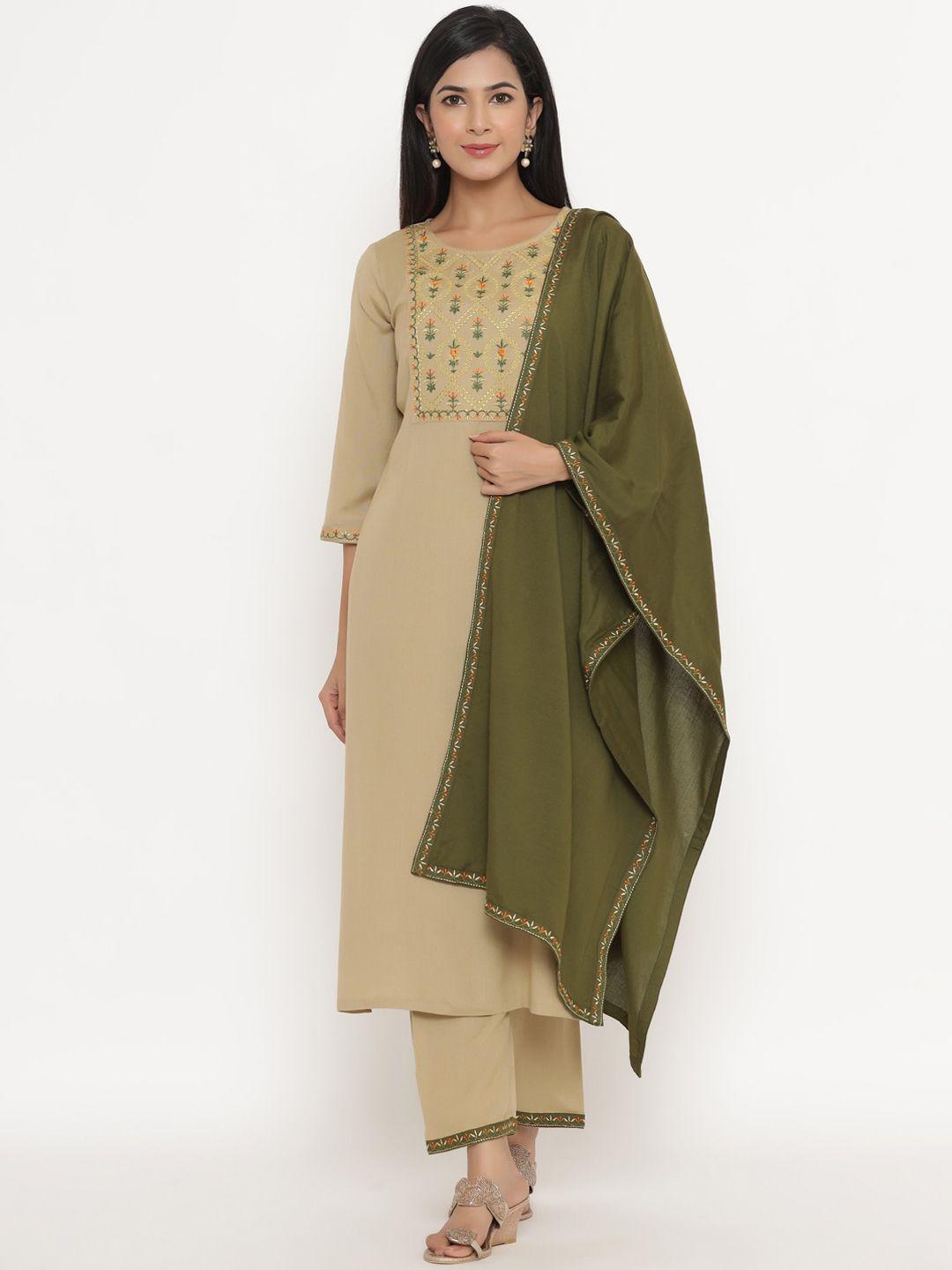 fabriko women green & beige floral embroidered empire kurta with trousers & dupatta