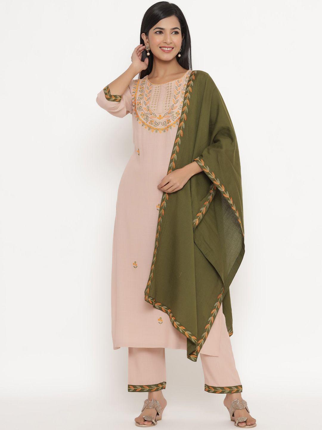 fabriko women green & pink floral embroidered empire kurta with trousers & dupatta