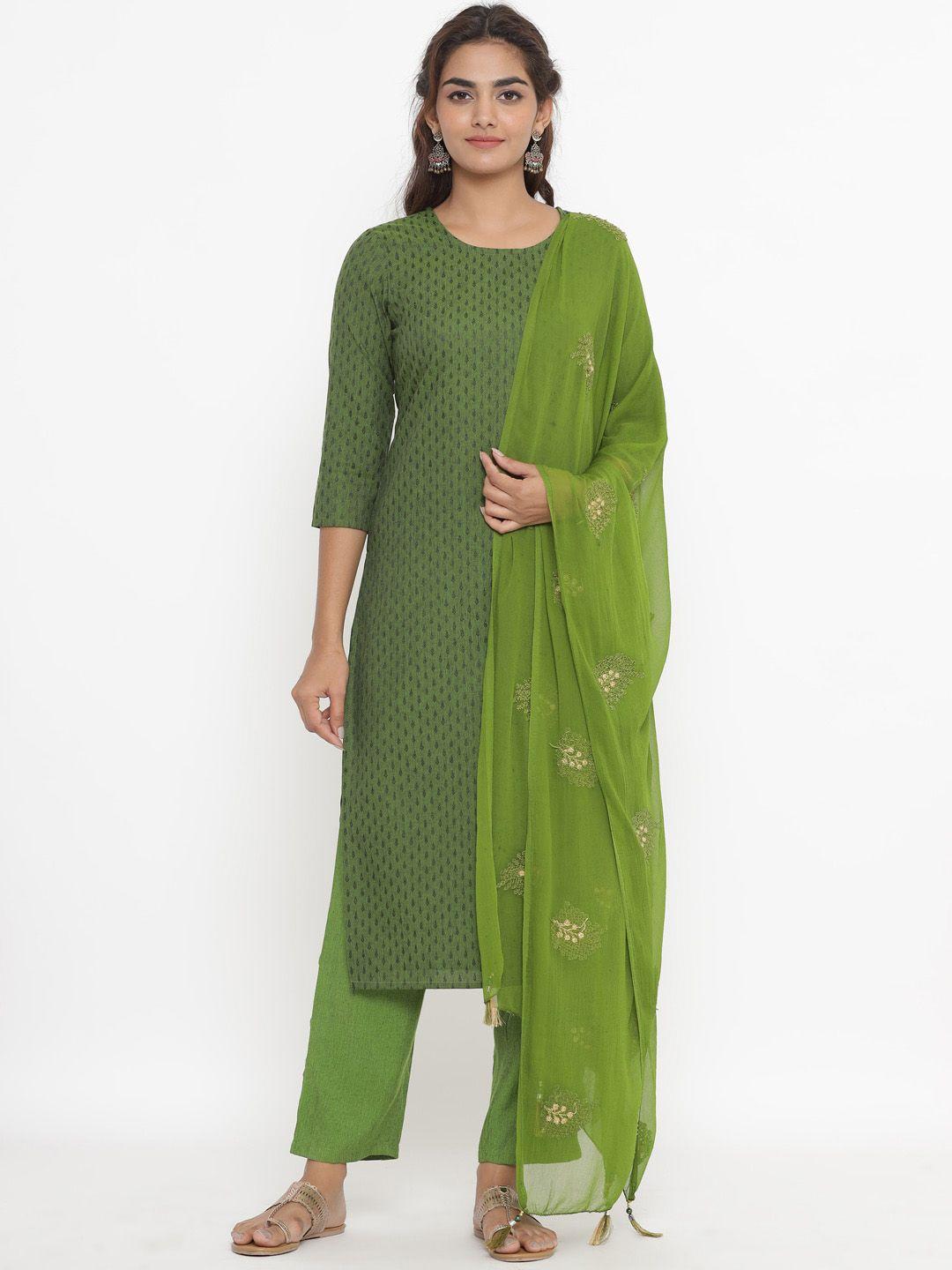 fabriko women green printed regular pure cotton kurta with trousers & with dupatta