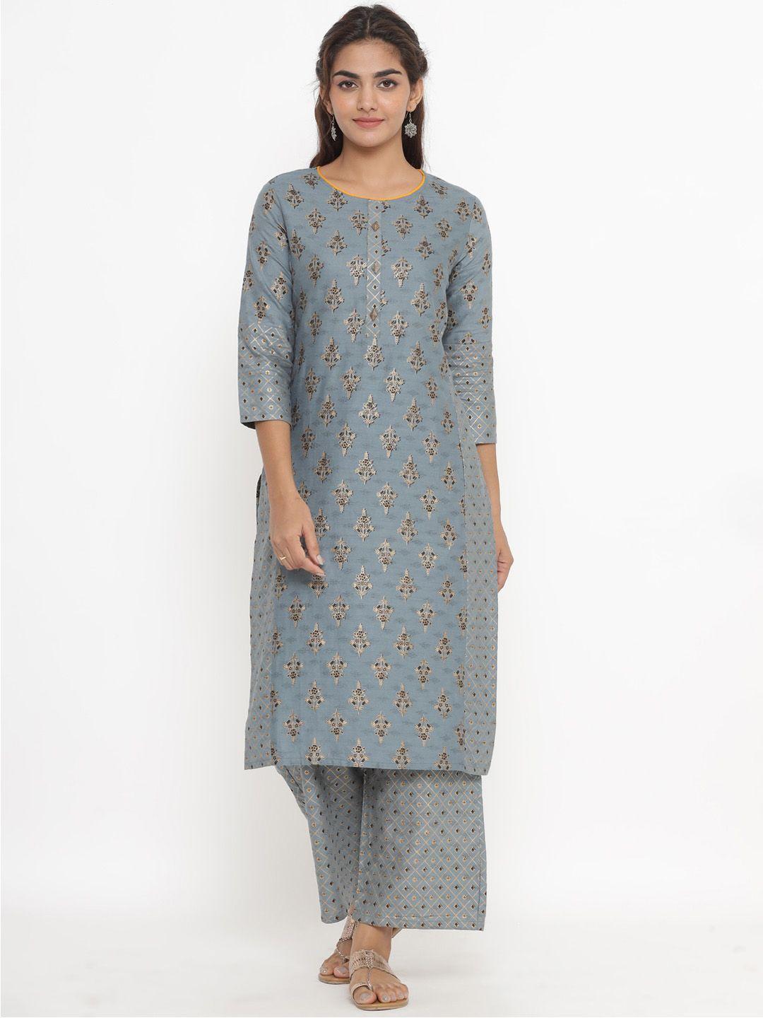 fabriko women grey & gol-dcoloured ethnic motifs printed regular kurta with palazzos