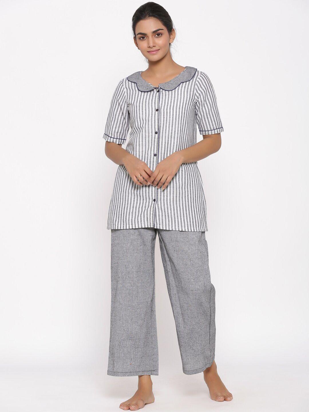 fabriko women grey & white striped night suit