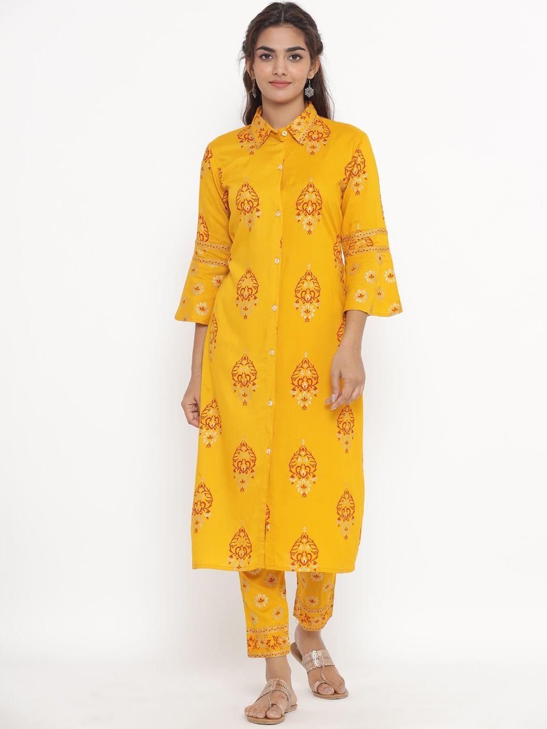 fabriko women mustard yellow ethnic motifs printed kurta with trousers