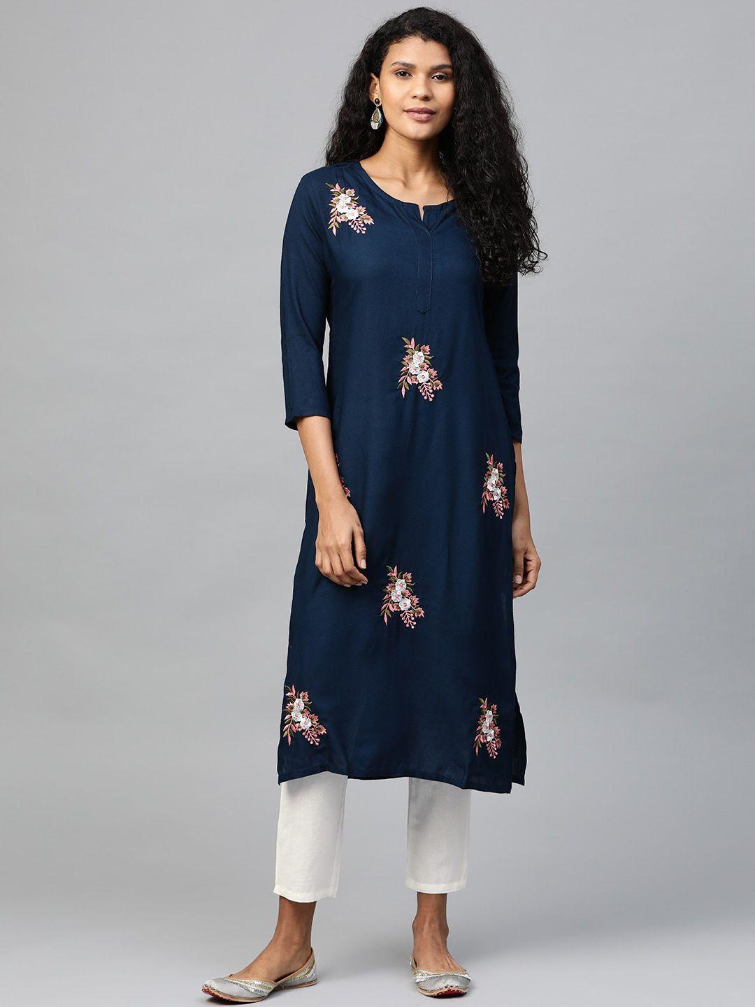 fabriko women navy blue & off-white embroidered kurta with trousers