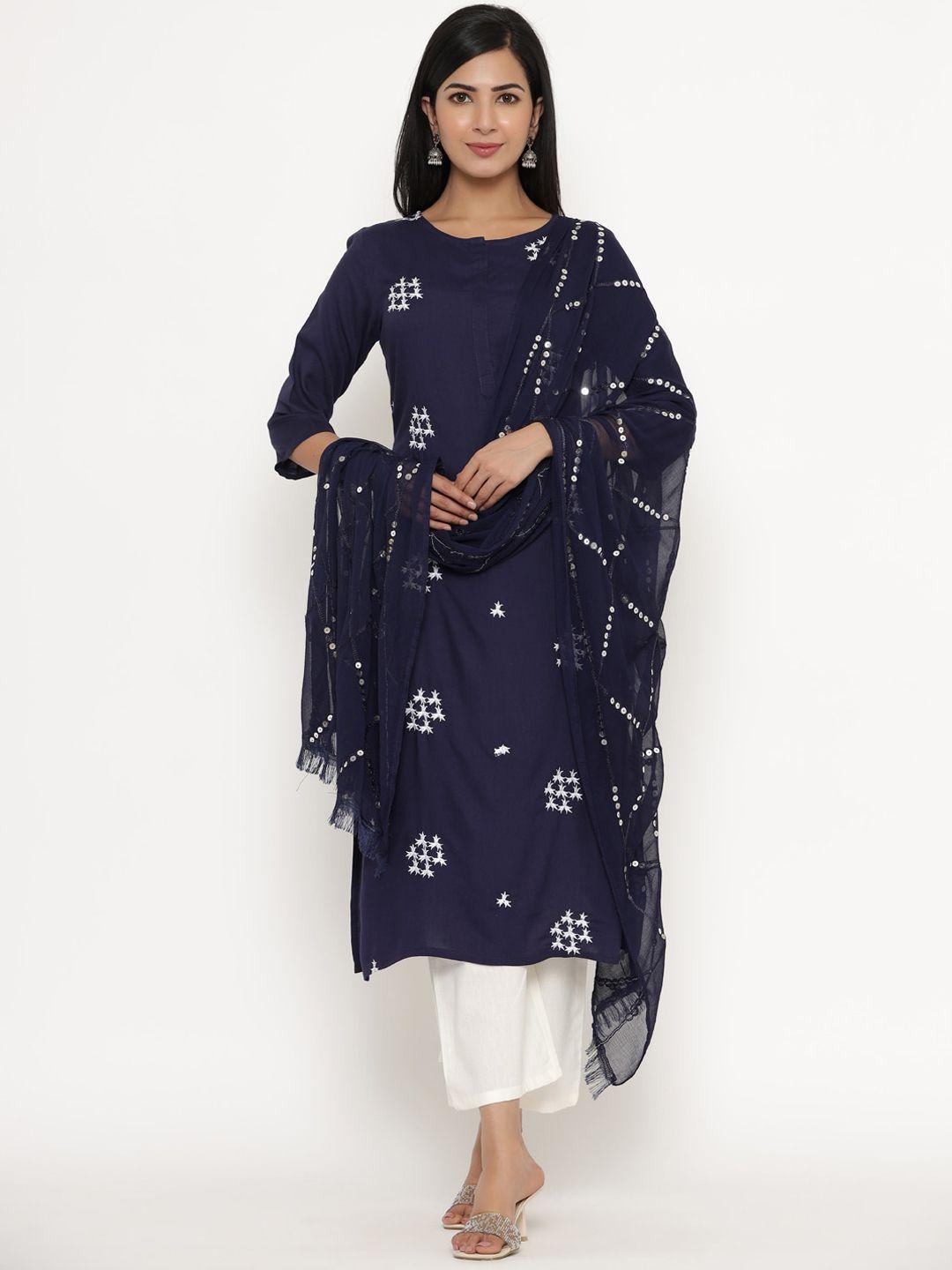 fabriko women navy blue & white embroidered kurta with trousers & with dupatta