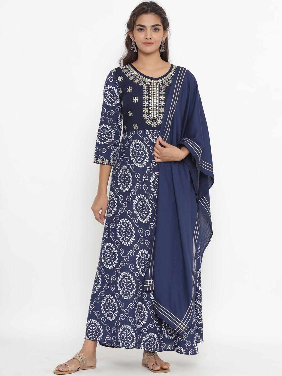 fabriko women navy blue & white printed gotta patti anarkali kurta with dupatta