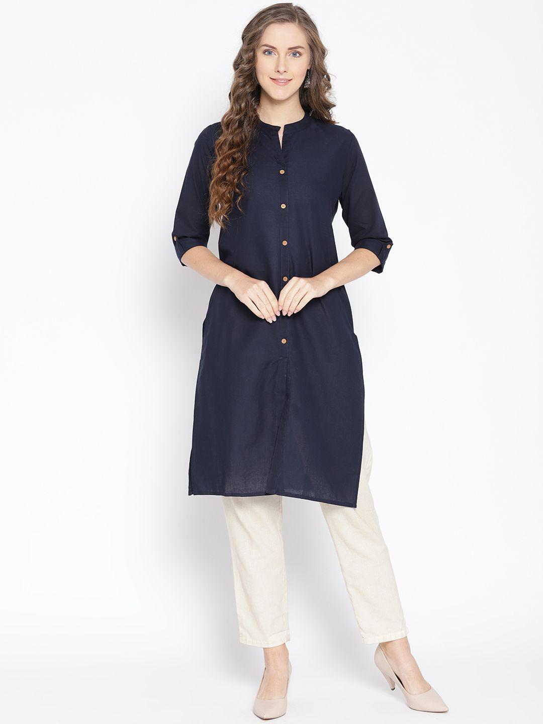 fabriko women navy blue solid straight kurta