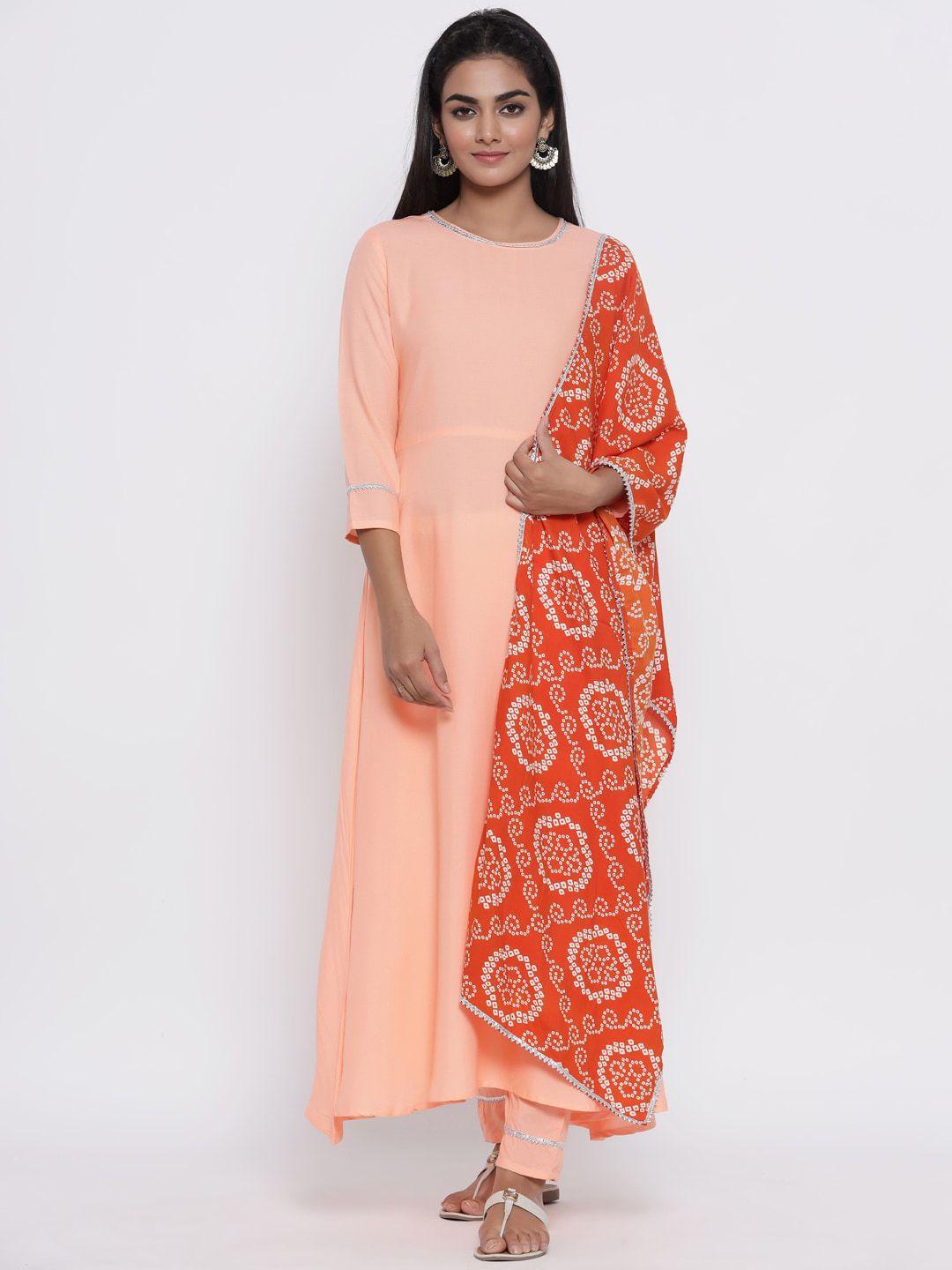 fabriko women orange solid kurta with trousers & dupatta