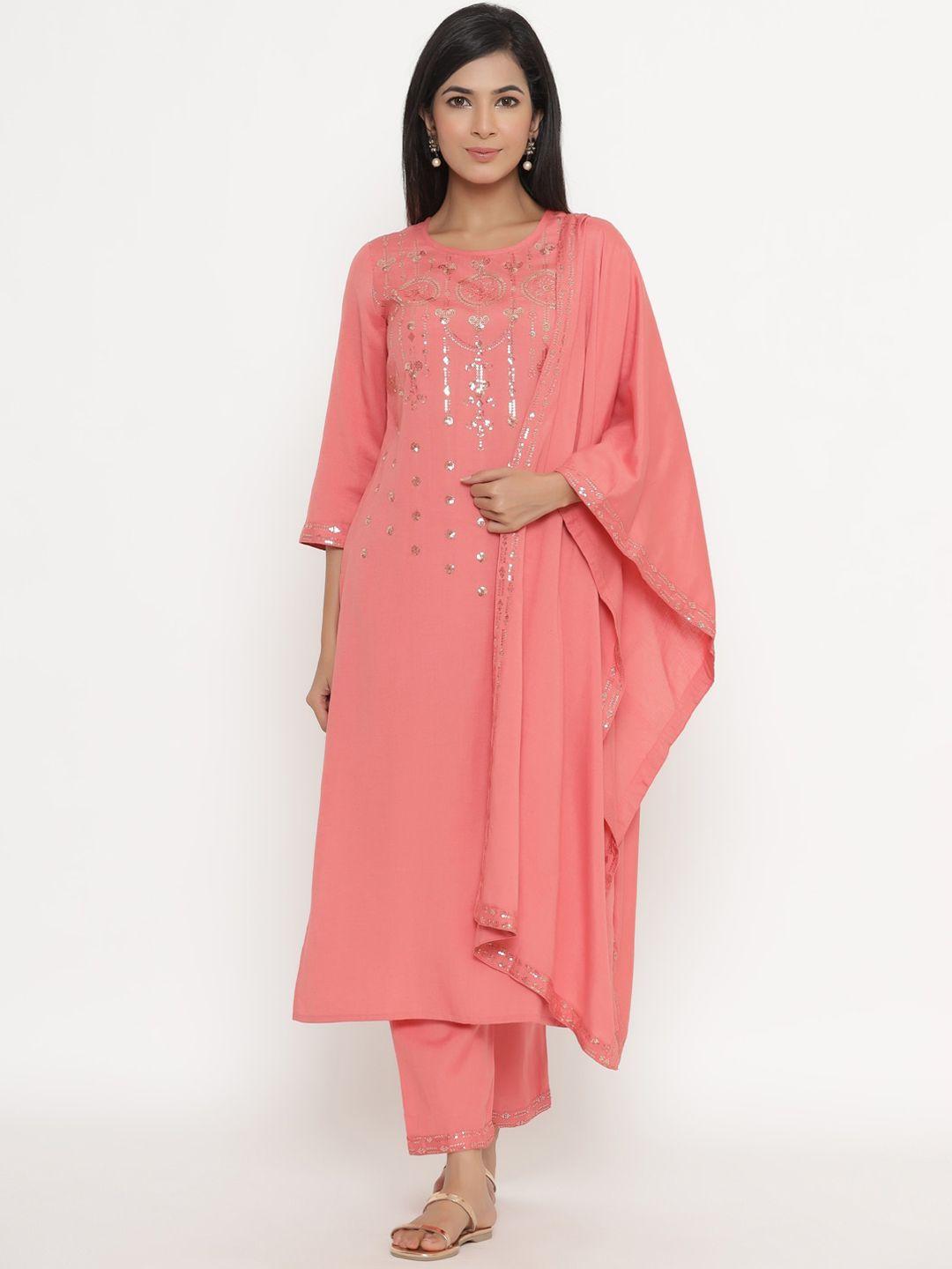 fabriko women peach-coloured floral embroidered regular sequinned kurta with palazzos & with dupatta