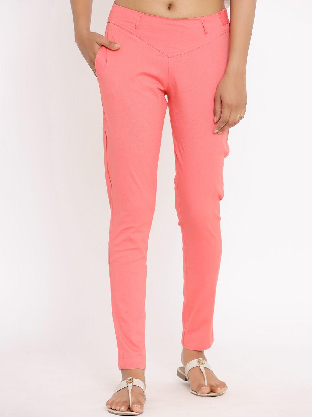 fabriko women peach-coloured regular fit solid regular trousers