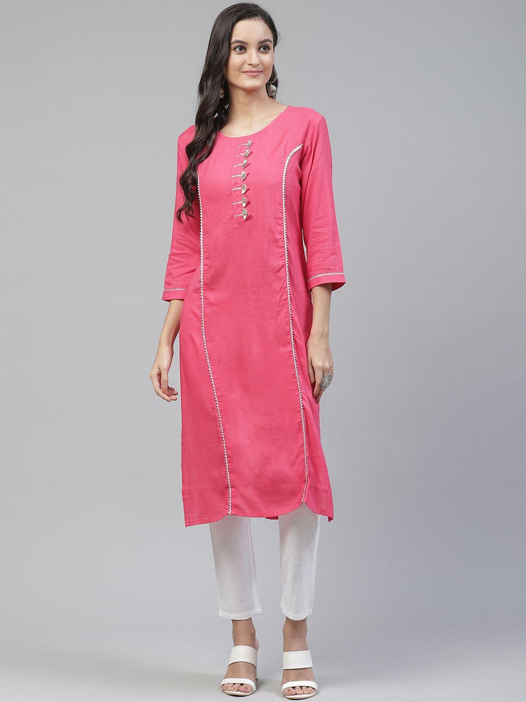 fabriko women pink & white solid kurta with trousers