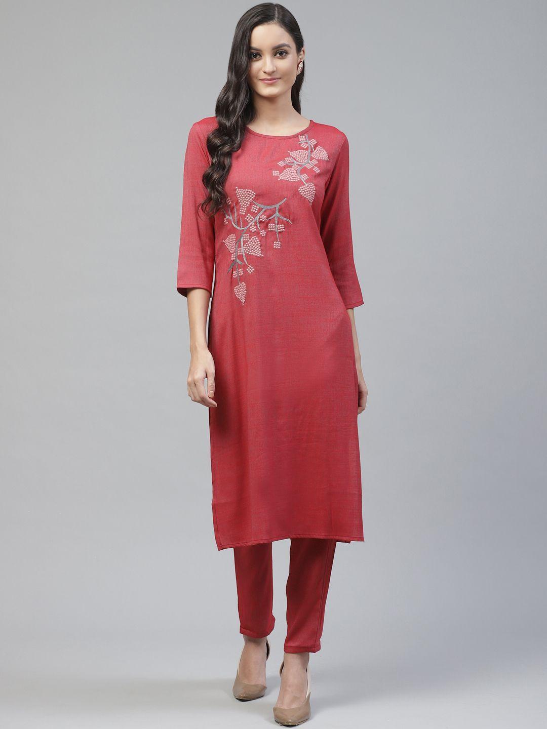 fabriko women red yoke design kurta with trousers