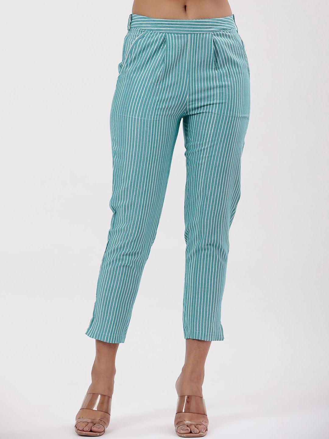 fabriko women striped smart flared pure cotton high-rise trousers