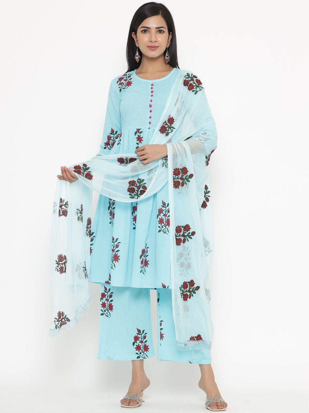 fabriko women turquoise blue floral printed layered pure cotton kurti with trousers & with dupatta