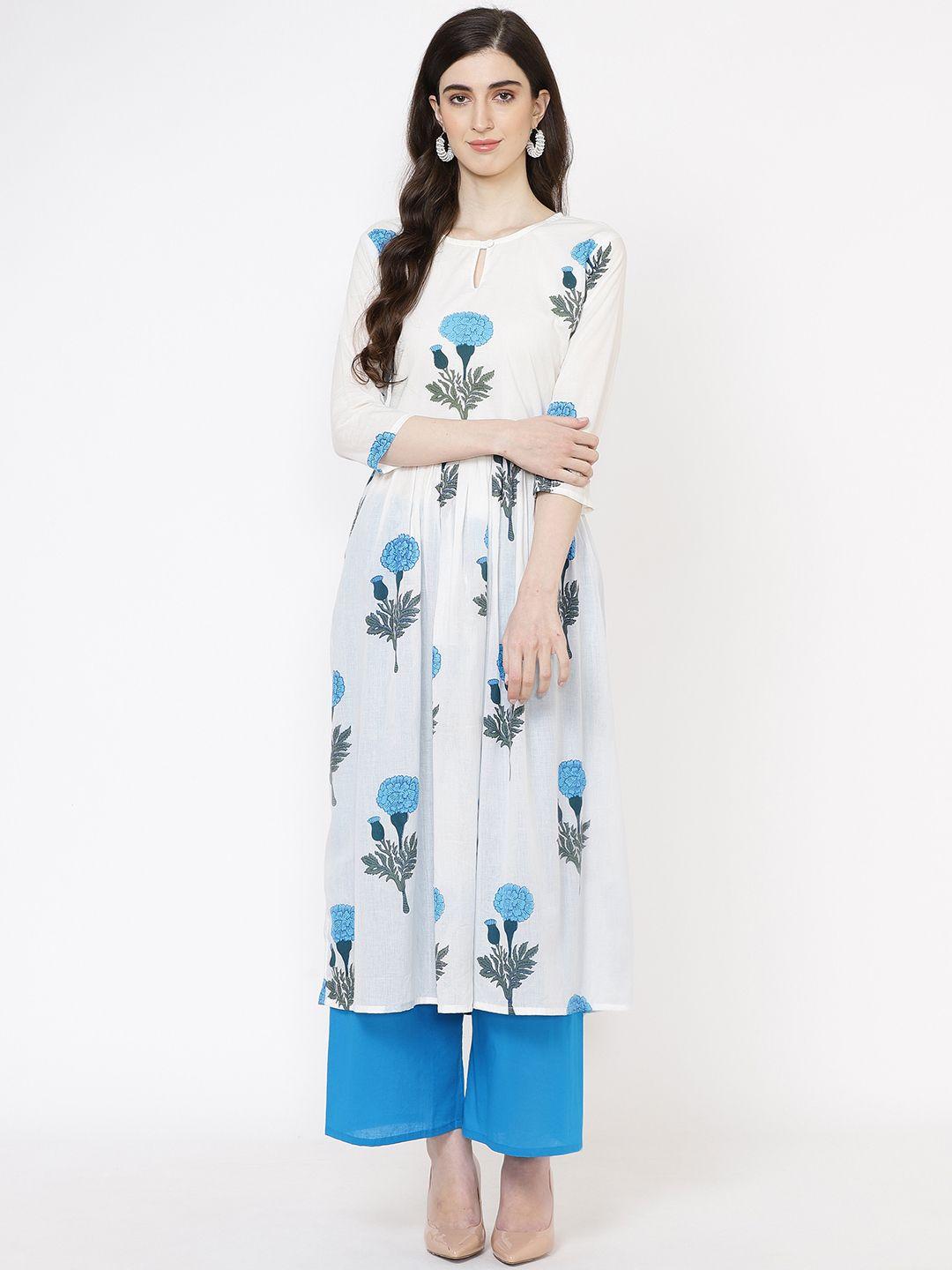 fabriko women white & blue printed kurta with palazzos