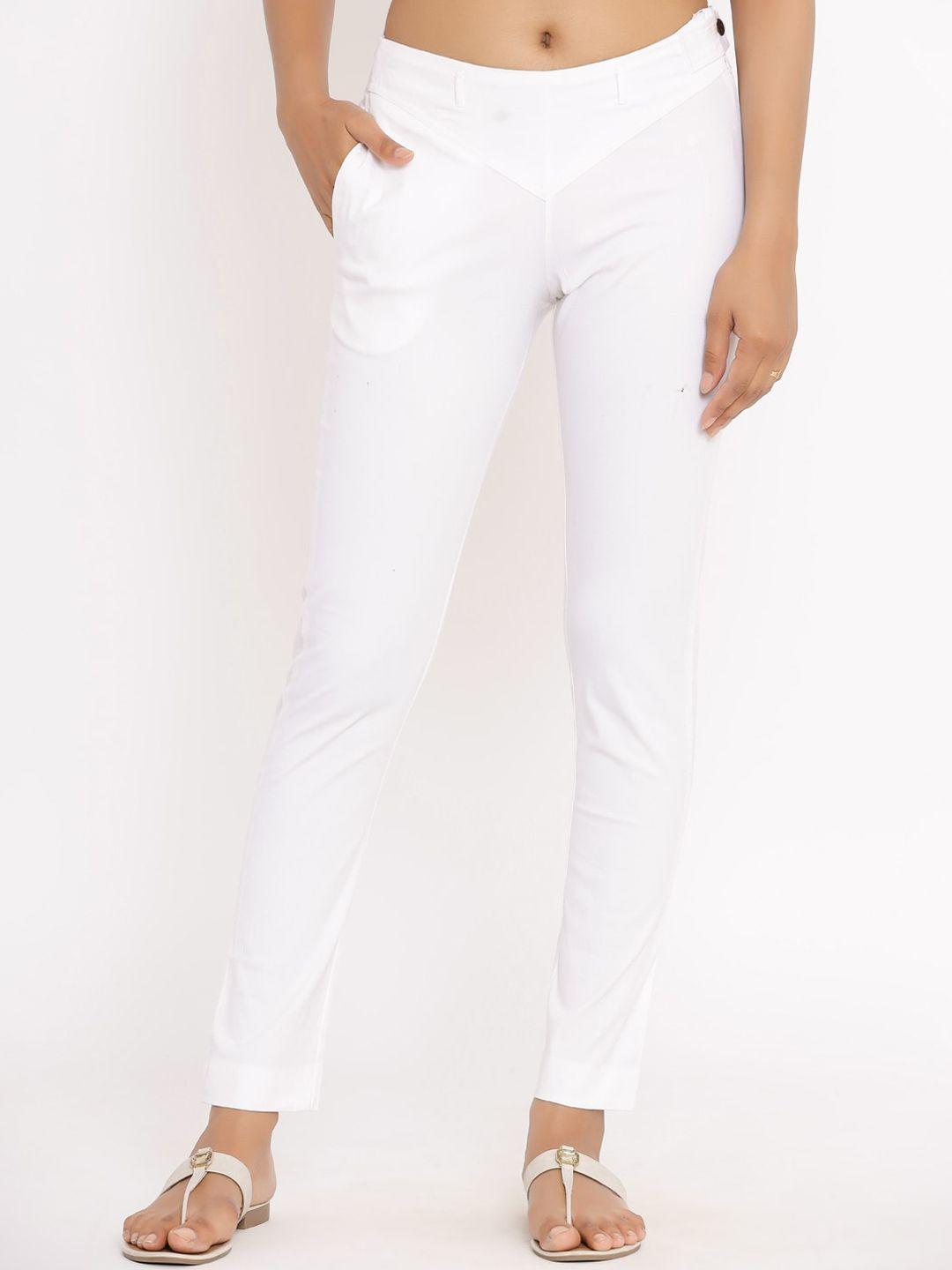 fabriko women white regular fit solid cigarette trousers