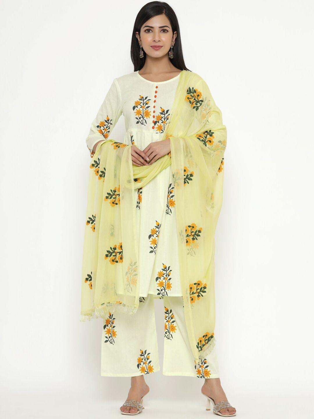 fabriko women yellow floral printed empire pure cotton kurti with trousers & with dupatta