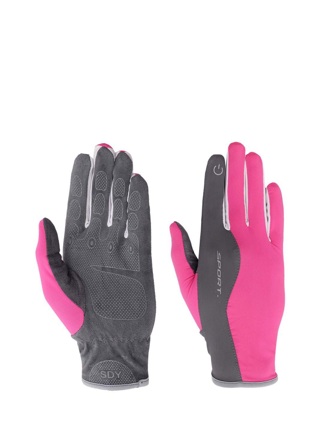 fabseasons pink & grey colourblocked full finger cycling gloves