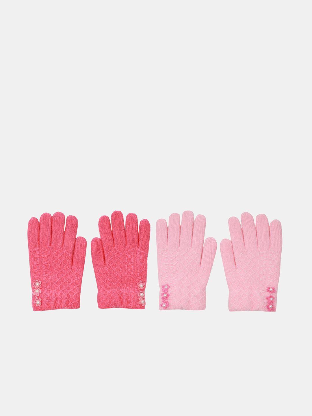 fabseasons unisex kids pack of 2 pink self-design winter gloves